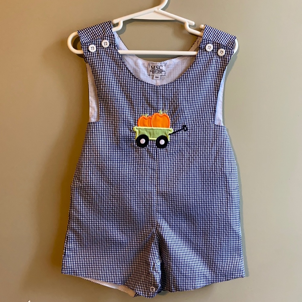 EUC. 18m Navy and White Gingham Embroidered with Pumpkins.